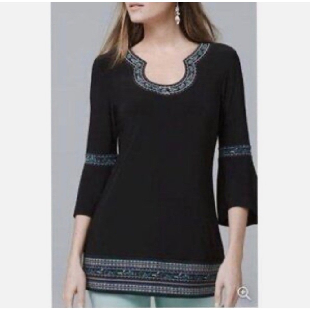 White House Black‎ Market Black Embroidered Bell Sleeve Tunic Top XS Teal Blue